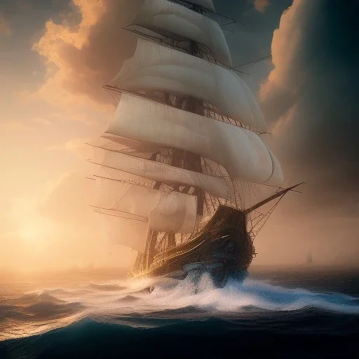 photo of a ultra realistic sailing ship, dramatic light, pale sunrise, cinematic lighting, battered, low angle, trending on artstation, 4k, hyper realistic, focused, extreme details, unreal engine 5, cinematic, masterpiece, art by studio ghibli, intricate artwork by john william turner