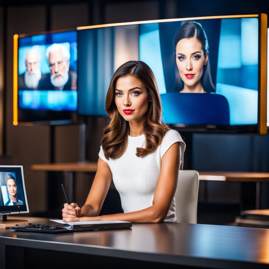 amodern tv studio a beautiful girl perfect face sitting next to desk presenting new looking at camera, with picture of an old man in tv screen at background