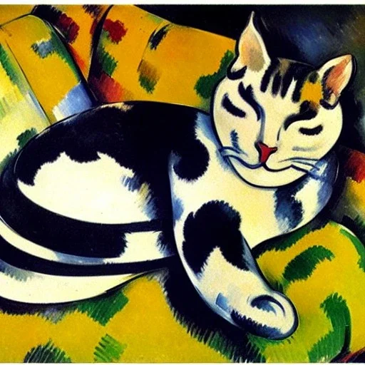 oil portrait of tricolor pattern Cat sleeping in a Black sofa by Paul Cézanne 8k