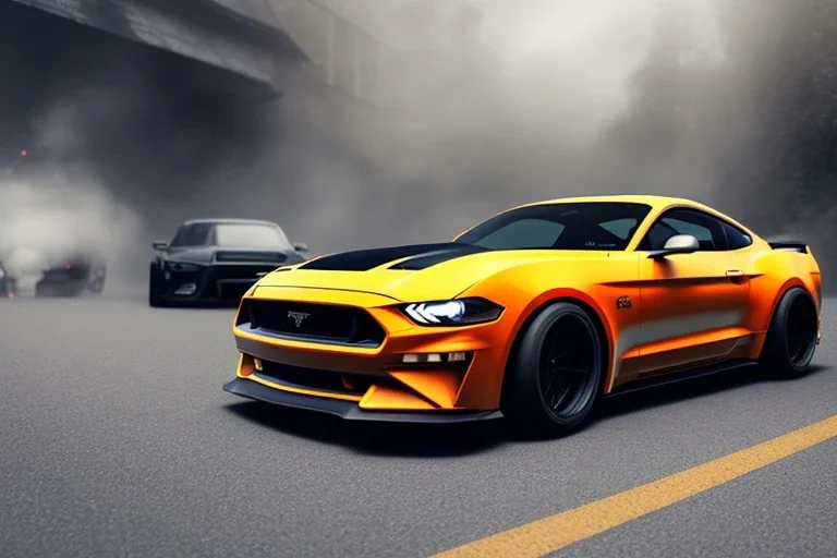 a true-to-life 2023 dark orange ford mustang hellcat, 2-door, wide-body, pandem, rocket bunny, mopar, carbon fibre, drift car, classic hotrod wheels and rims, ultra realistic, professional artwork, concept art, dark background, extreme detailed, 8k, sharp focus, centered camera, pivot on dodge, art