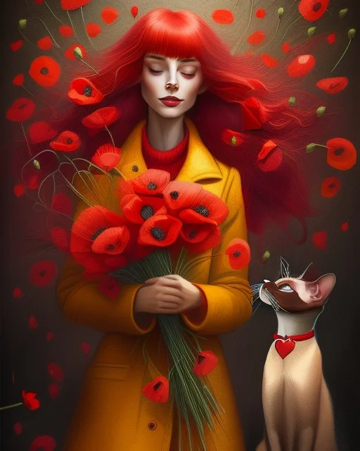 Create a moving illustration of a red girl wearing a yellow coat holding a bouquet of red poppies, standing peacefully, head leaning upward. A Oriental shorthair Siamese chocolate point cat with a red heart-shaped collar sits at her feet, looking up adoredly. Use a dark, textured background to accentuate the heat of the subjects. Emphasize a calm and introspective atmosphere. HD