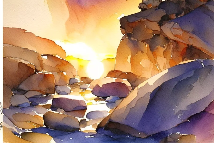 Sunset, rocks, mountains, rocky land, epic, john singer sargent watercolor paintings