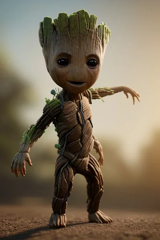 Groot toddler, full body, cyberpunk, bokeh, hyper realistic