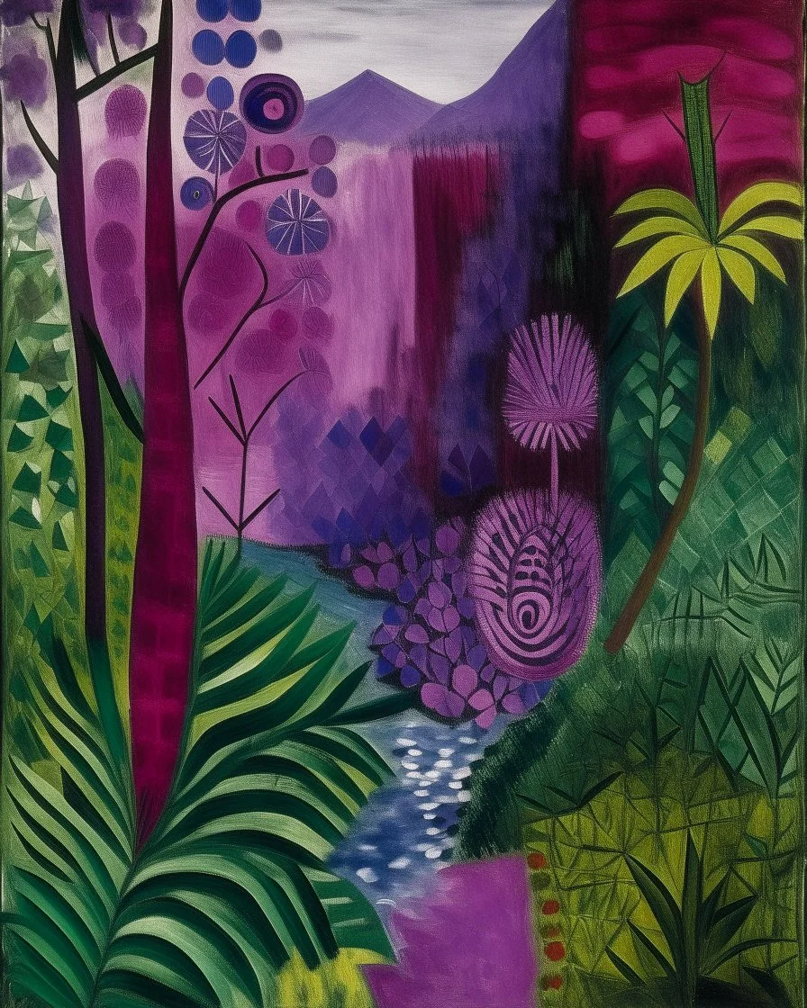 A purple jungle with a toxic river painted by Paul Klee
