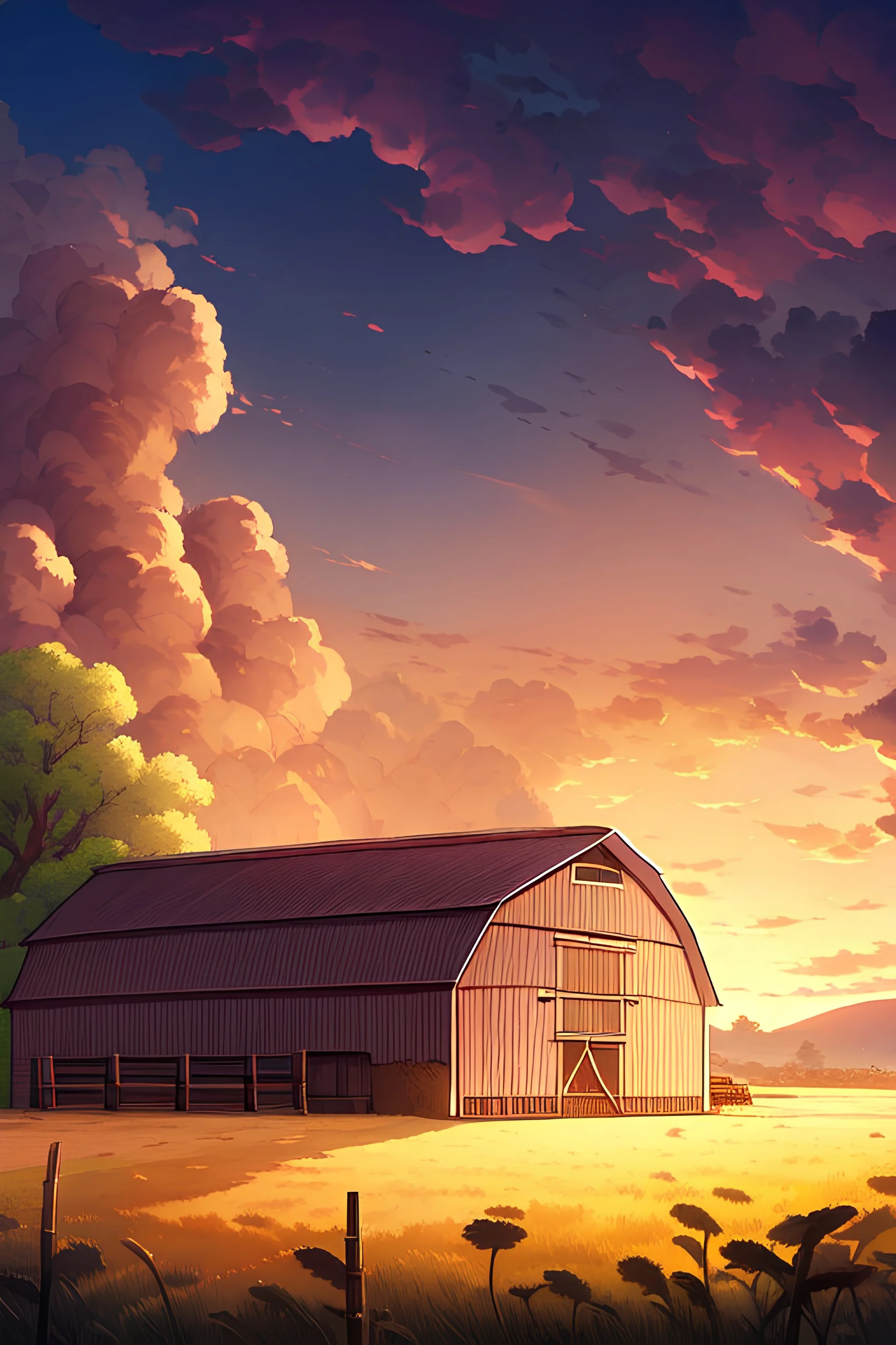 Wheat field.farm, barn, evening