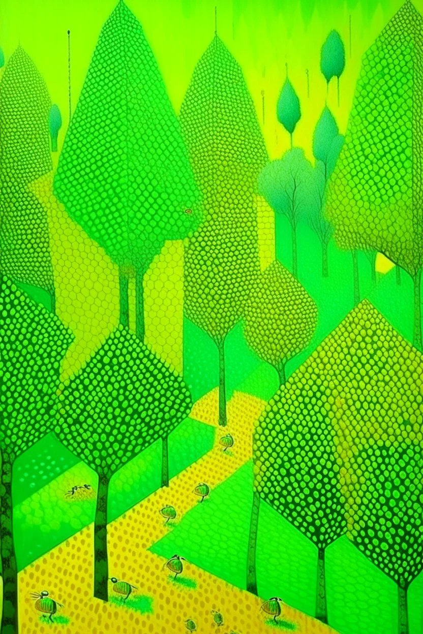 Lime green treetops with honeycomb beehives painted by Georges Seurat