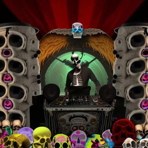 DJ of the damnded, insanely detailed DJ booth in hell, MID set, speakers and equipment made of bone, anatomically correct,