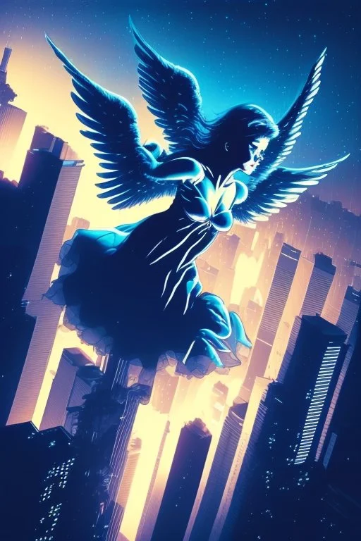 A flying angel over the tall buildings in a city at deep blue night.