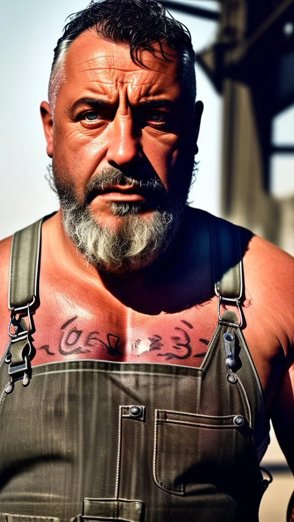 close up photography of a strong serious 50 years old chubby italian car mechanics man in dirty overalls and tank top, repairing a car, stand up near a car, tattoo, bulge, short beard, in a dirty street, dirty and ugly, bullneck, manly chest, in tank top, emotive eyes, sunlight, photorealism , ultra defined , photorealistic