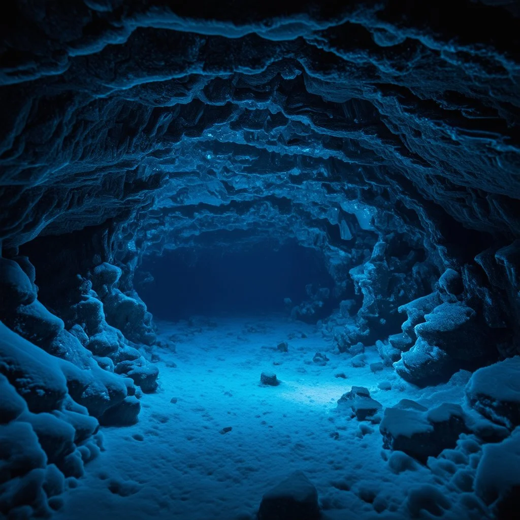 a dark frozen underwater cave, ice crystals, dimly lit