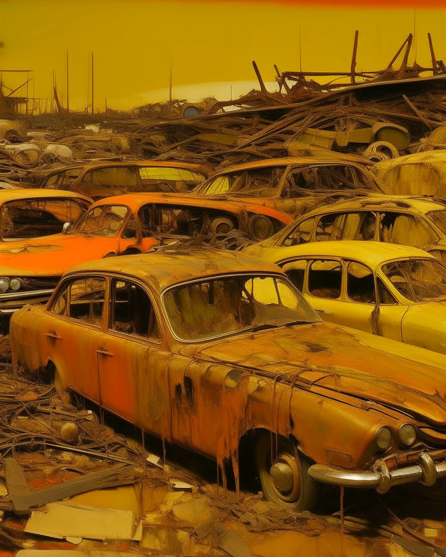 A yellowish orange mechanical junkyard painted by Edvard Munch