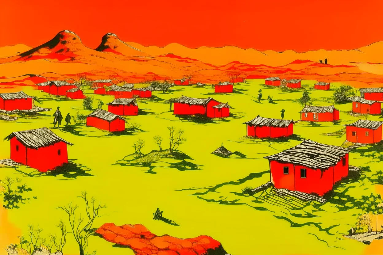 An orange colored Chinese village in a wasteland painted by Andy Warhol