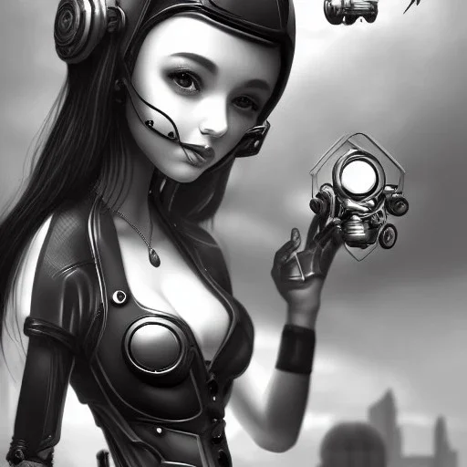 great illustrator, spanish, realistic rendering of a cute girl, beautiful, steampunk syle, black and white. Helmet with tubes. breathing tube. Machinery in the background. robotic bird flying. High details. 4k. unreal engine