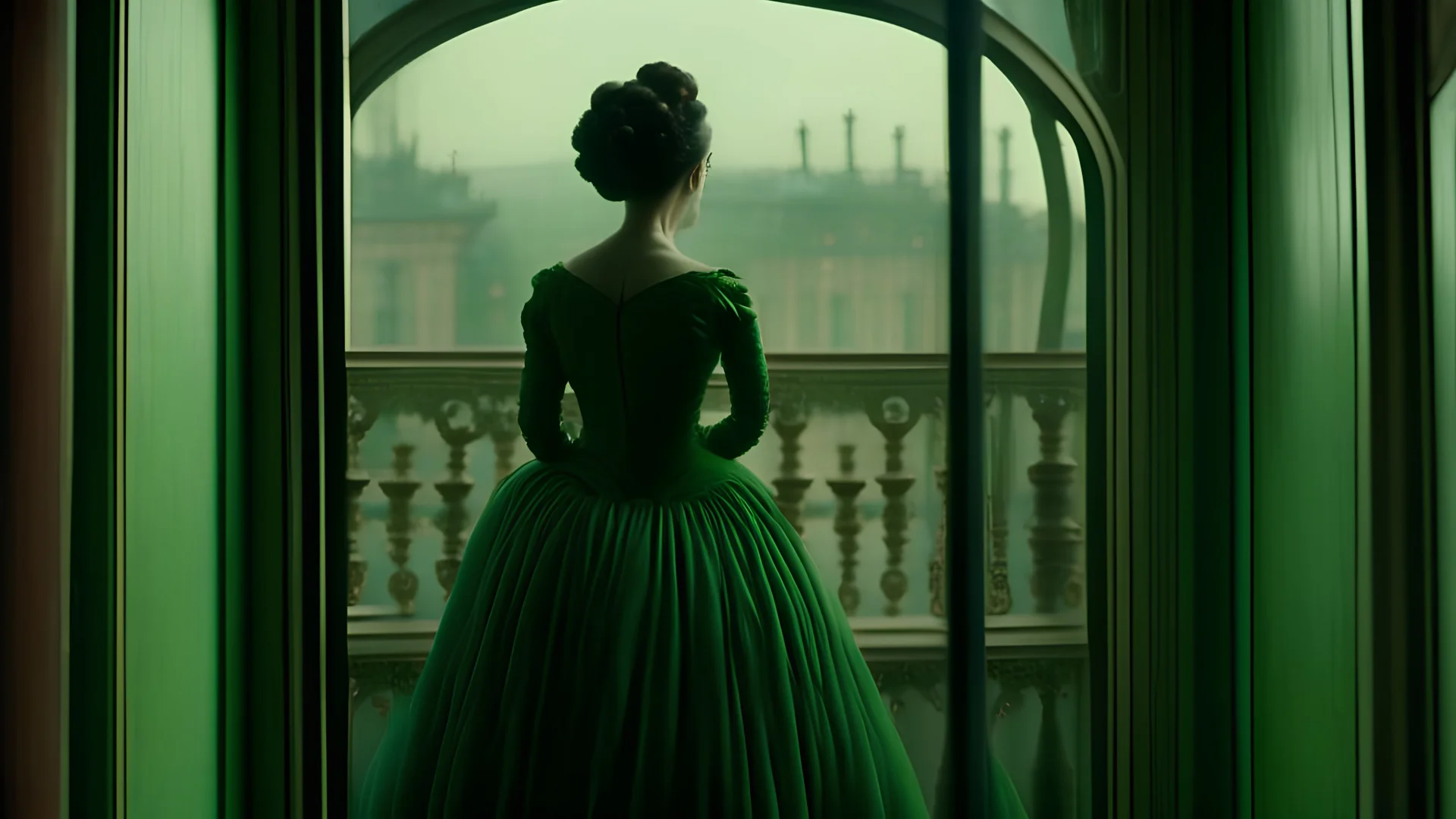 a film shot of a woman in a green ball gown looking out a balcony door