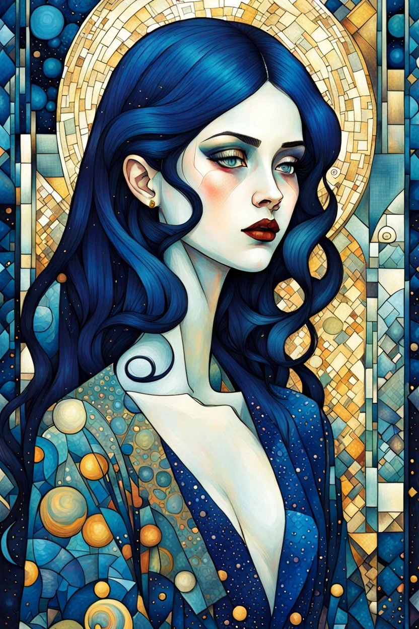 create an abstract, cubist, highly ethereal, darkly magical full body illustration of a deeply sorrowful, indigo haired, vampire girl with highly detailed and deeply cut facial features, in the style of GUSTAV KLIMT, EDWARD BURNE-JONES, WILLIAM MORRIS, and KATHE KOLLWITZ combined with the comic art style of BILL SIENKIEWICZ and JEAN GIRAUD MOEBIUS, searing lines and forceful strokes, precisely drawn, inked, and darkly colored