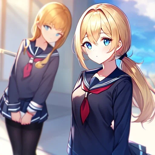 girl, masterpiece, best quality, volumetric lighting, detailed outfit, perfect eyes, long hair, golden hair, blue eyes, black stockings, school outfit, low ponytail,