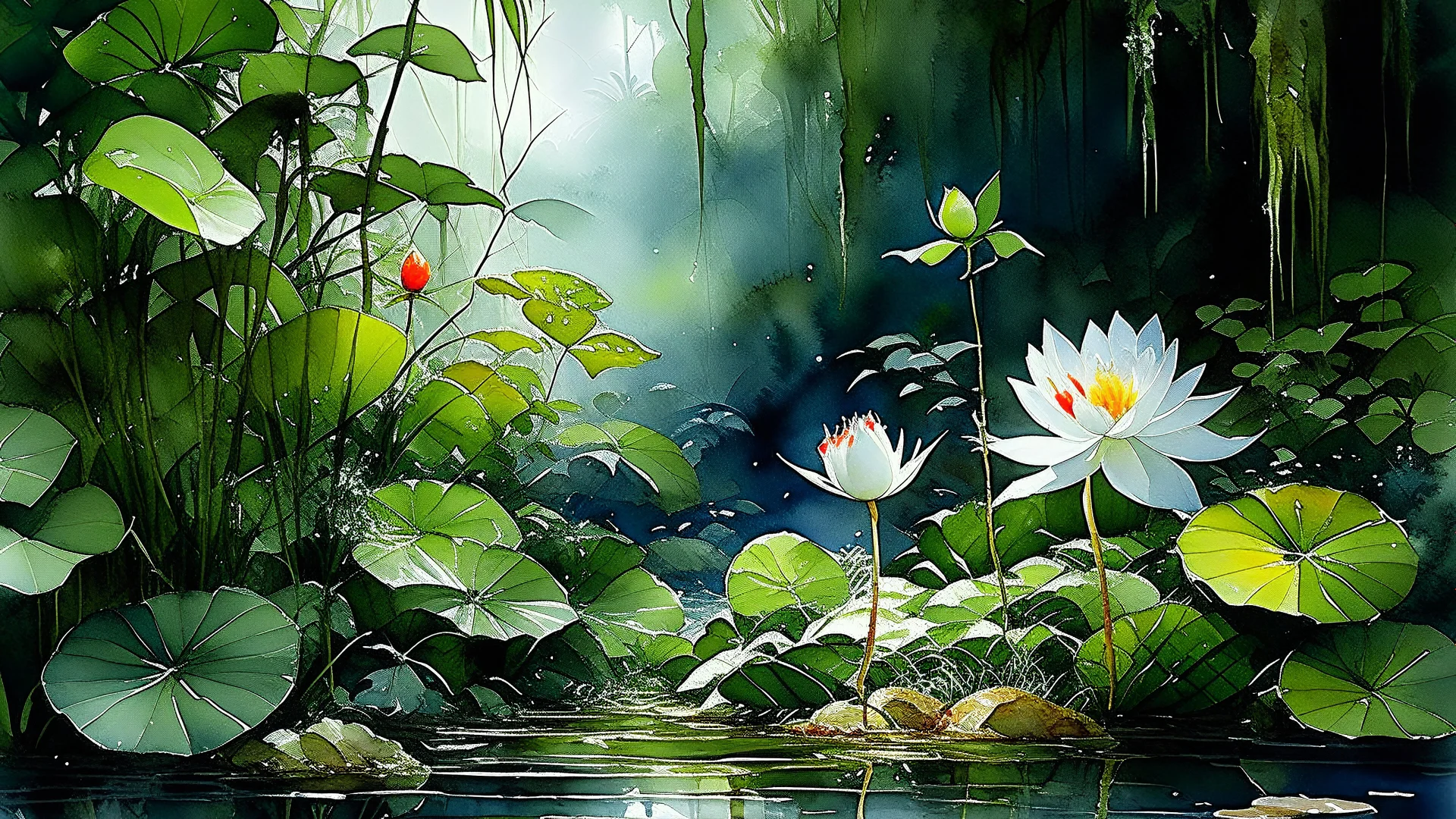 Tropical swamp with dark water covered in giant water lilies, a white heron walking among the plants, low fog and warm humid air., (luminous watercolor painting:1.4), (transparent pigment washes:1.3), wet-on-wet soft edges, granulating pigment texture, (visible cold press paper texture:1.3), delicate color blooms, dreamy atmospheric quality, botanical or landscape subject, 8k scan, (watercolor:1.4), masterpiece fine art, (expressive charcoal drawing:1.4), bold gestural strokes, (smudged atmosphe