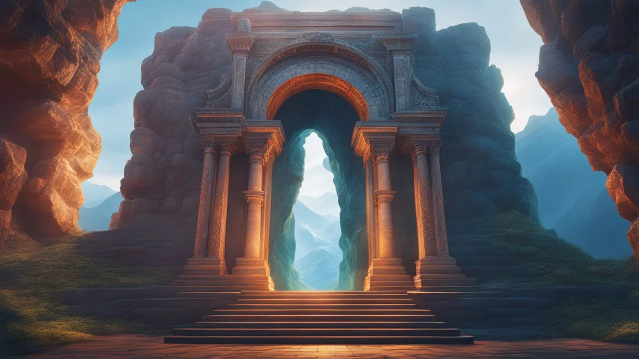 an ancient magical portal leading to another world. mountains. cinematic lighting, hyper realisme, Hyperrealistic, splash art, concept art, mid shot, intricately detailed, color depth, dramatic, 2/3 face angle, side light, colorful background