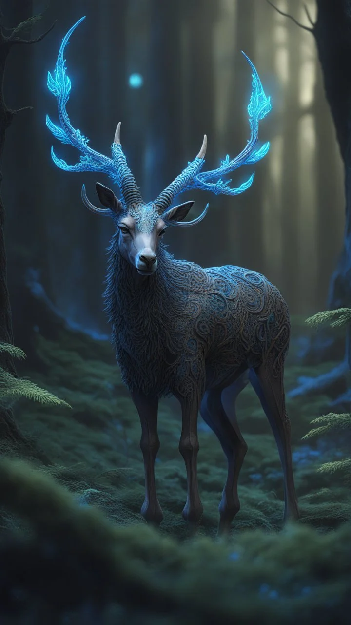 Dark forest, fantasy forest, gazelle with blue neon Crystal horns , intricate details, highly detailed, dreamshaper finetuned model with dynamic art style witg