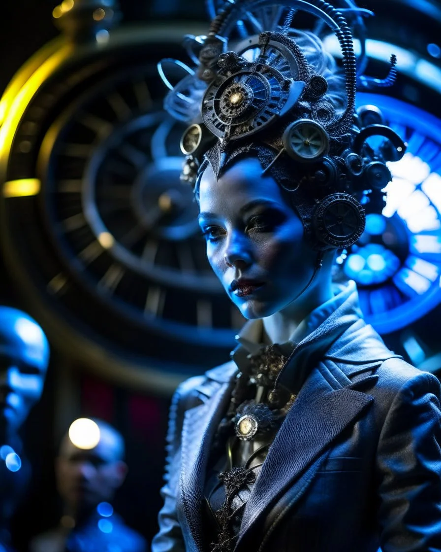 Captivating cinematic portrait of an alien with intricate clock-like dial, adorned with gears and springs that move to create countless expressions. His metallic skin shines under the soft lighting, he wears a wig and a baroque-style frock coat, with an air of elegance. In the background, a concert hall with musicians and an audience captivated by the mechanical face of the alien, immersed in a whimsical and harmonious atmosphere