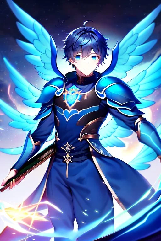 a person in runic armor with blue wings, blue short hair, runic tattoo and spell book, male