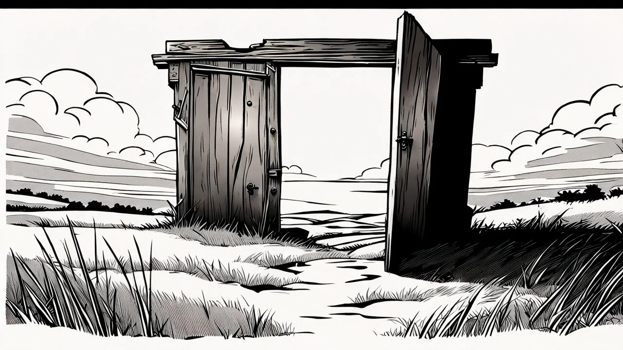 broken wooden door, anime, monochrome, black background, ink, simple, maximum quality, broken hinge, barely functioning, centered on frame, far view, in the middle of a grassy hill, white sky with cumulonimbus
