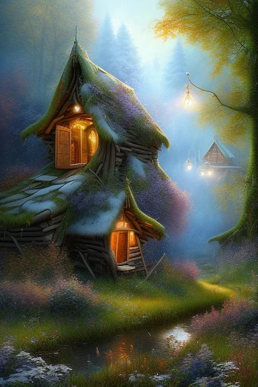 dreamlike mystical forest, wooden shack, fine detail, high quality, Neo-Impressionism