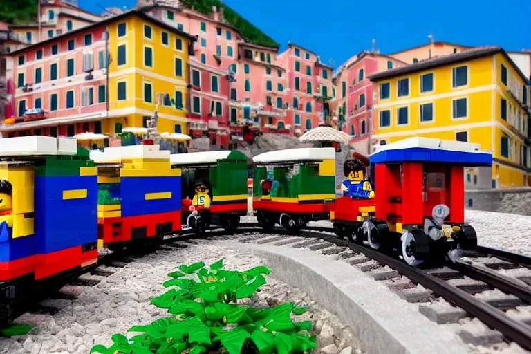 Lego close up Train in lego riomaggiore italy sea town lego