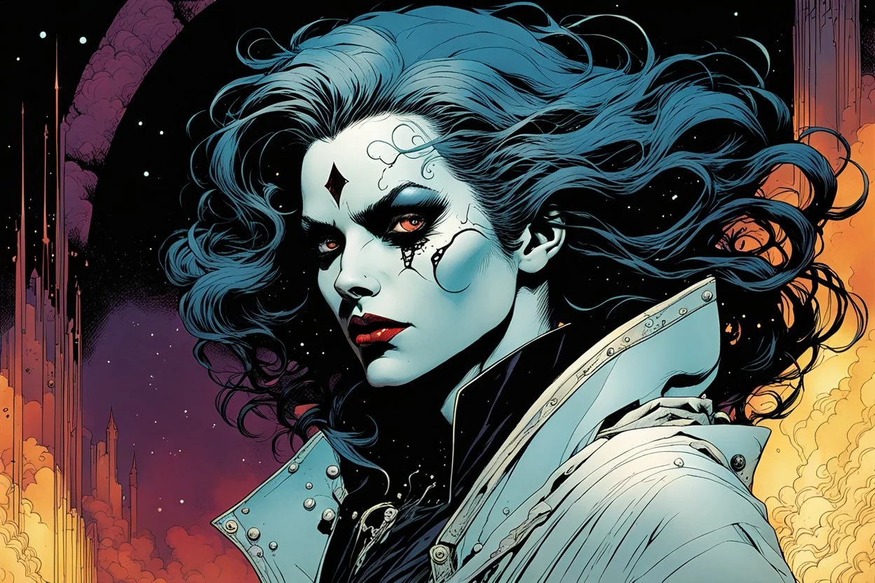 create an ethereal, otherworldly female Ravnos vampire time traveler , in the comic book art style of Mike Mignola, Bill Sienkiewicz, and Jean Giraud Moebius, with highly detailed feminine facial features , finely inked , dramatic natural lighting