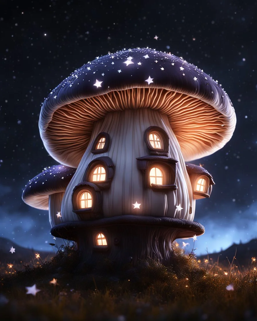 An illogically floating mushroom house on a clear night. white and white and white, Stars Dark cosmic interstellar. Detailed Matte Painting, deep color, fantastical, intricate detail, splash screen, hyperdetailed, insane depth, concept art, 8k resolution, trending on Artstation, Unreal Engine 5, color depth, backlit, splash art, dramatic, High Quality Whimsical Fun Imaginative Bubbly, perfect composition