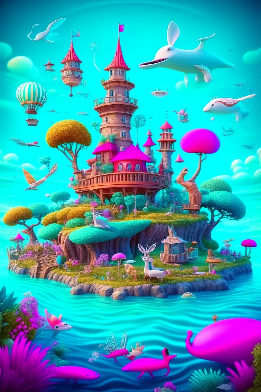 An enchanting and whimsical wonderland wall art portraying a magical realm with talking animals, floating islands, and flying ships, a sense of childlike imagination and fantasy pervades the scene, 3D rendering, with a focus on vibrant colors and dreamlike elements