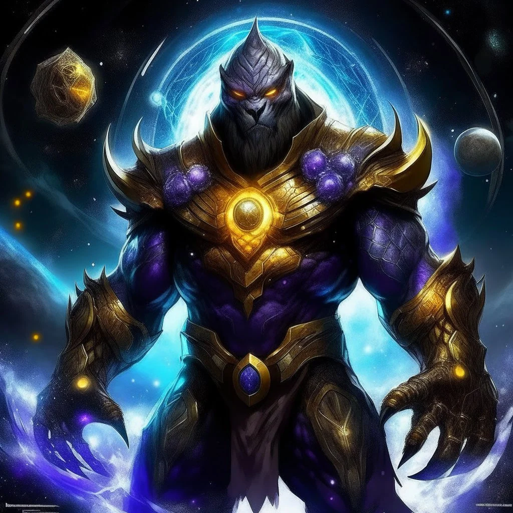 A terrifying creature combining water and sun with the powers of a werewolf and Dracula A battle suit made of galaxies and stars with a glove that has seven endless stones with thanos Infinity Gauntlet