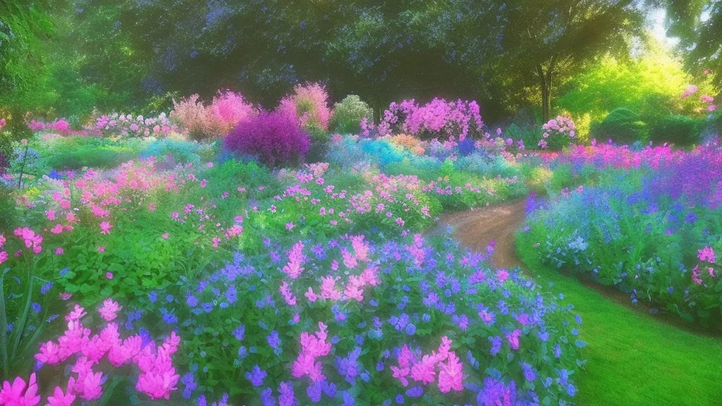 verybeautiful-magical-garden-of-the-angelic-kingdom-blue-and-pink-plants-and-trees-small-river-sunshine-flowers-haze-thumb-rainbow-ufo-bright-colors-light flowers