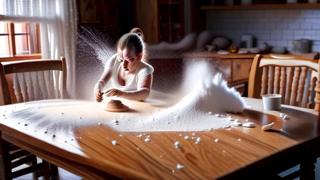 wooden table with invisible tabletop while woman sprinkles baby powder all over the room looking for it