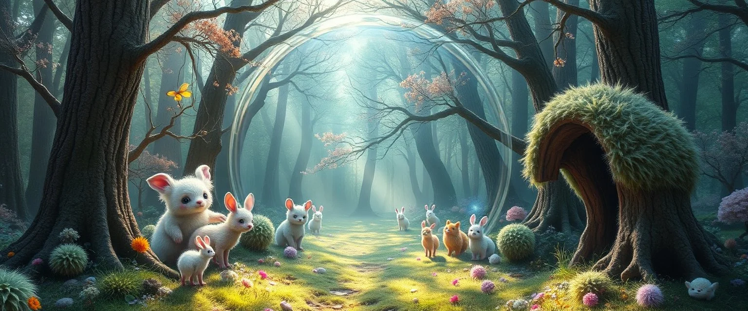 in the magical mirror forest you enter the strangest bubble doorway to weird dimension and the aura of its heavenly fluffy elevated messed up woodland creatures flock