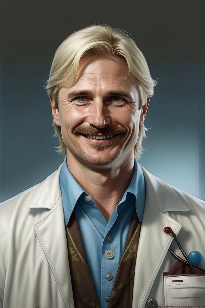 Mid-thirties, Caucasian male doctor, kind smile, blonde hair (slightly disheveled) thick blonde mustache, pale blue eyes, broad shoulders, muscular, six foot, Hawaiian shirt under white lab coat (with blood stains around the edges) , Strong Jaw line, encroaching shadowy tendrils,stethoscope draped around neck, photo realistic