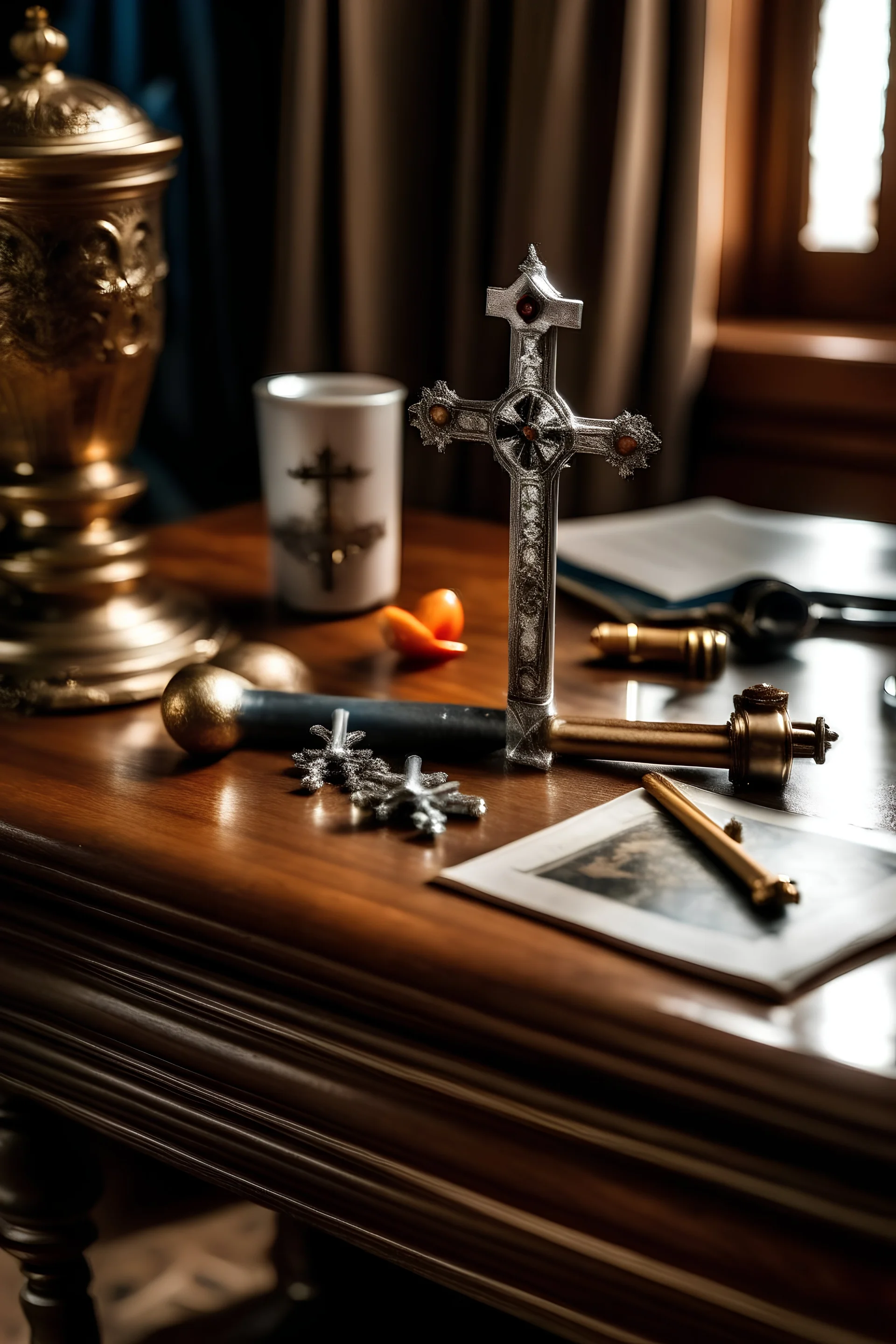 syringe and a crucifix on a desk