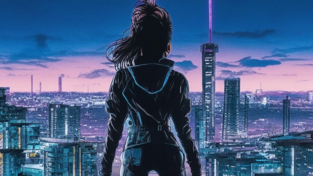 Clear Focus, High resolution, Beautiful girl standing backwards to a Cyberpunk skyline, comic style