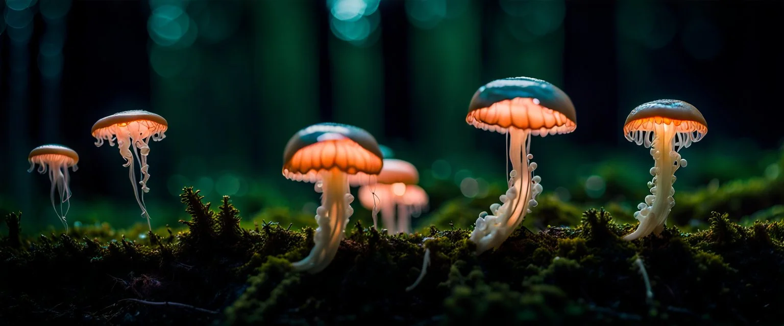 bio luminous floating JellyFish Fungus, fungal, light floating in a forest, Treeline, Alberta, scientist, Dystopian, Hyper detailed, Realistic, Extreme depth of field, bokeh blur, Alberta all-natural, in the style of candid, imperfection, natural lighting, cinematic, Fuji Film, Anamorphic lens, 2040s, --ar 4:5 --w 150 --style raw