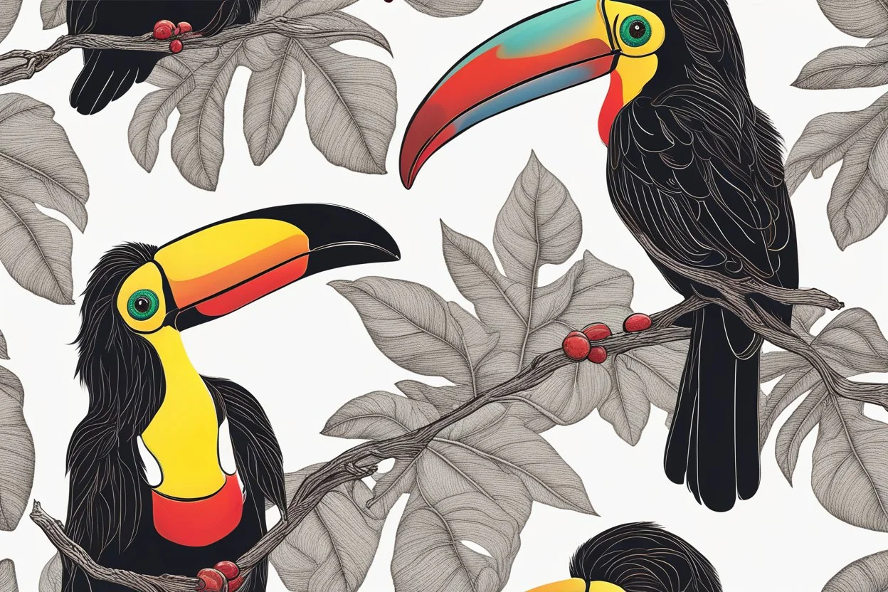 Lively 4D HDR Visualize an (((ultra detailed toucan))), its hyperdetailed beak, eyes and intricate feathers, plucking a red coffee bean from an arabica coffee plant, stylized tropical rainforest foliage, featuring line art and color splashes, set against a (matte black background) with a (developed artist's attention to detail), gorgeously contrasted by a (water splash) and a (color splash art) that mimics fire and water, all rendered in ultra-detailed artistry"; lush jungle environment 《Inspire