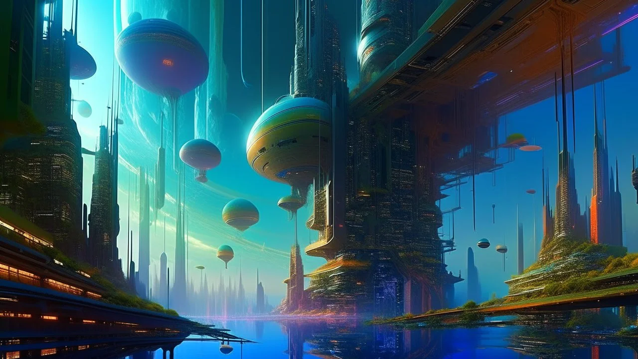 Ciudad futurista suspendida sobre un océano de nubes bioluminiscentes, rascacielos orgánicos cultivados como árboles gigantes, puentes transparentes entre torres, enjambres de drones polinizadores, amanecer iridiscente, estética solarpunk visionaria inspirada en las ilustraciones de Syd Mead y el arte digital contemporáneo, ultra detallado.