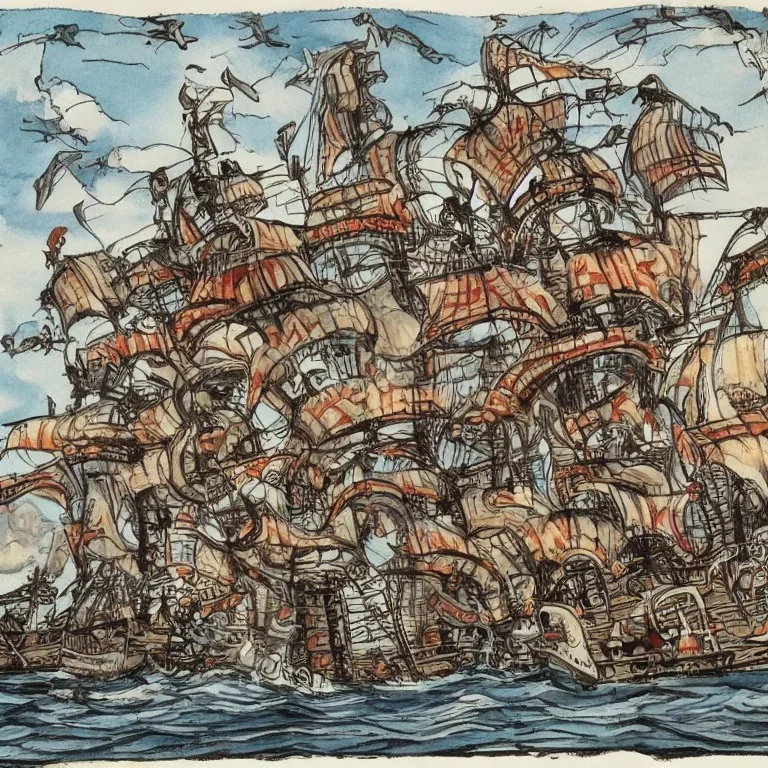 Skeleton pirates on a big, scary ship, artistically