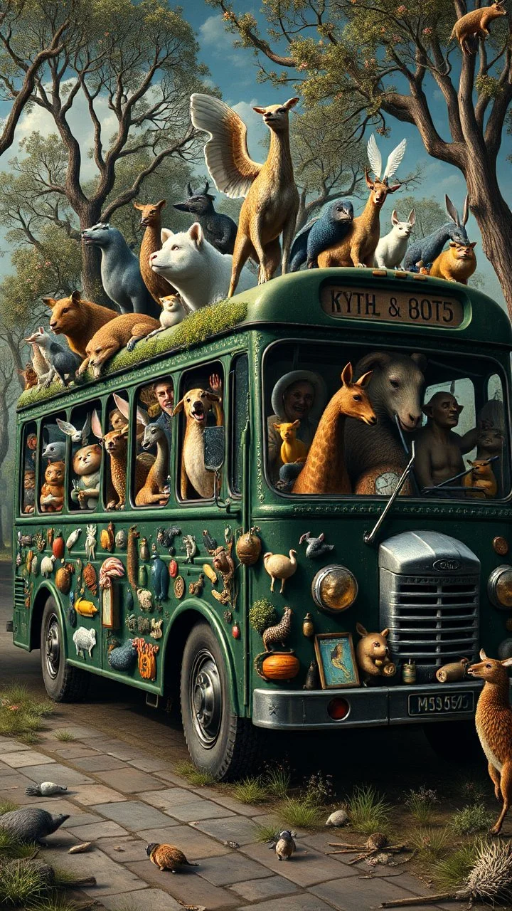 Hieronymus Bosch style , a bus full of animals, 4k