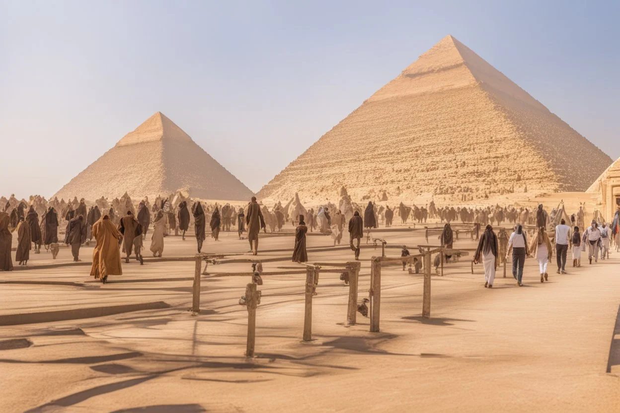 tourist walkway with giza pyramids