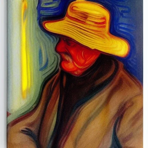 Portrait of OLd Fishermen wearing bucket hat by edvard munch 8k