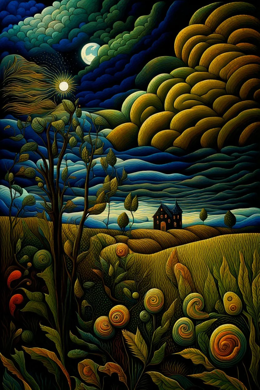 Moonlight patchwork in the style of Raymond Briggs, Laurel Burch, Randolph Caldecott, Picasso. extremely detailed fantasy oil on canvas very attractive imperial colors fantastic view 4K 3D VRay focused Surrealism Tesselated