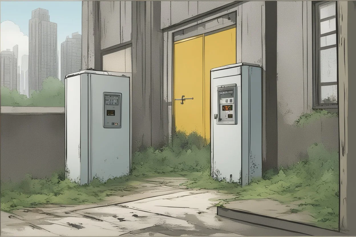 , electrical box, overgrown, post-apocalyptic, comic book, city background