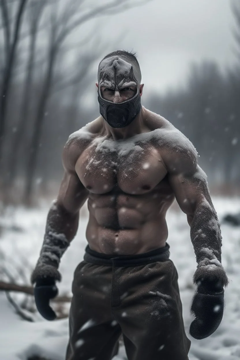 a man, muscular tough, shirtless, scarred, bruised, heroic, standing in a middle of a snowy wilderness, harsh cold climate, stormy, daylight, wearning an iron face mask cover, walking through storm, tough and strong vibes