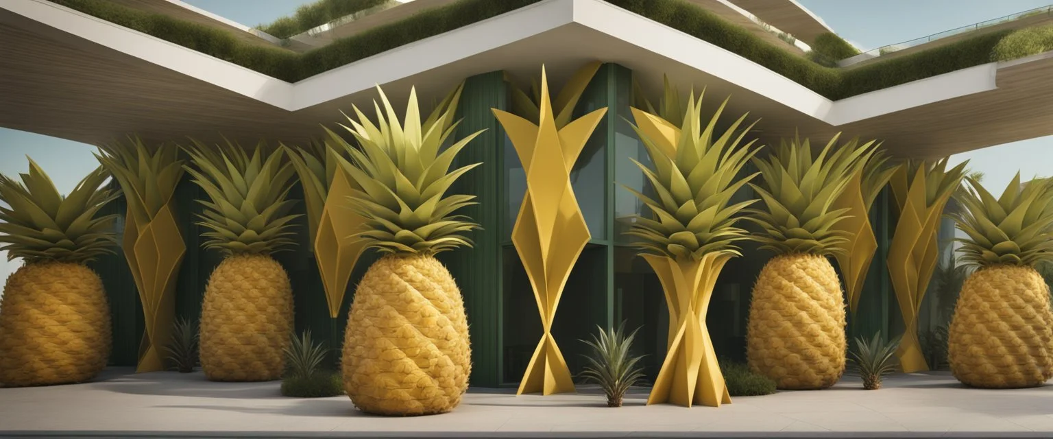 A tourist resort in the shape of a pineapple, interior design, facade