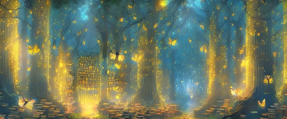 a huge library in forest with fireflies and yellow magic lights around trees that have wide leaves and broad trunked. Realistic